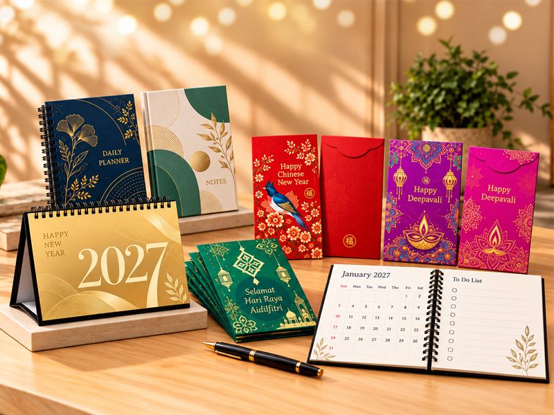 2027 desk calendar, custom diary planners, notebooks and festive money packets featuring Chinese New Year, Hari Raya and Deepavali designs for corporate gifting and branding.